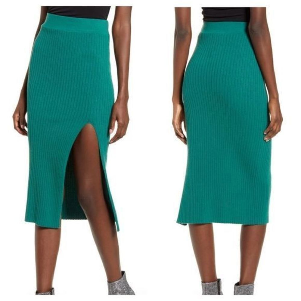 Leith‎ Green Ribbed Side Slit Skirt